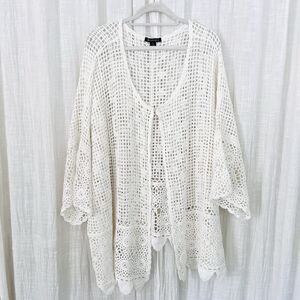 Roaman's White Lacy 100% Cotton Open Knit Feminine Cardigan Sweater - Plus 34/36